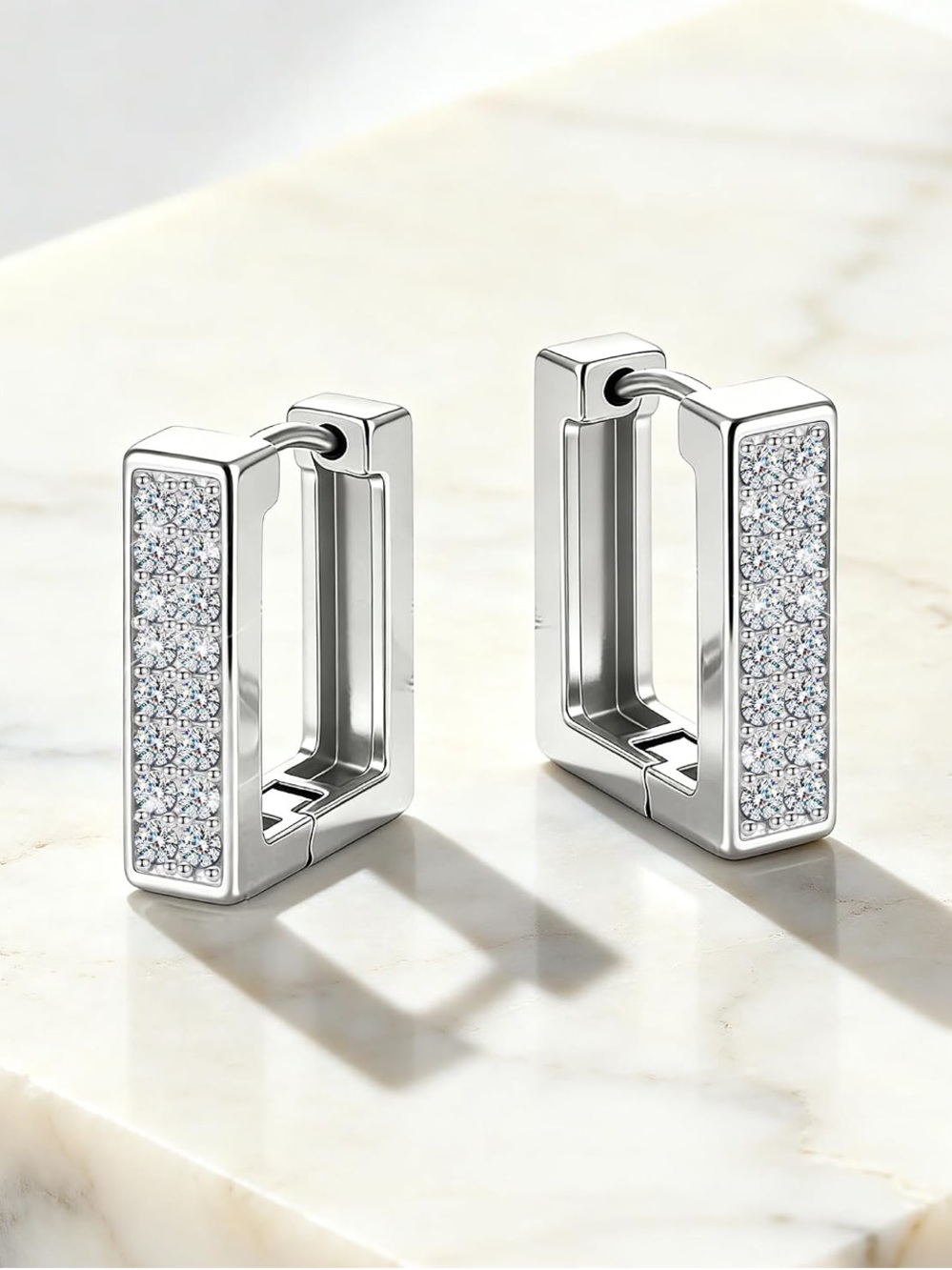 Silver Rectangle Huggie Earrings - Sparkling Silver